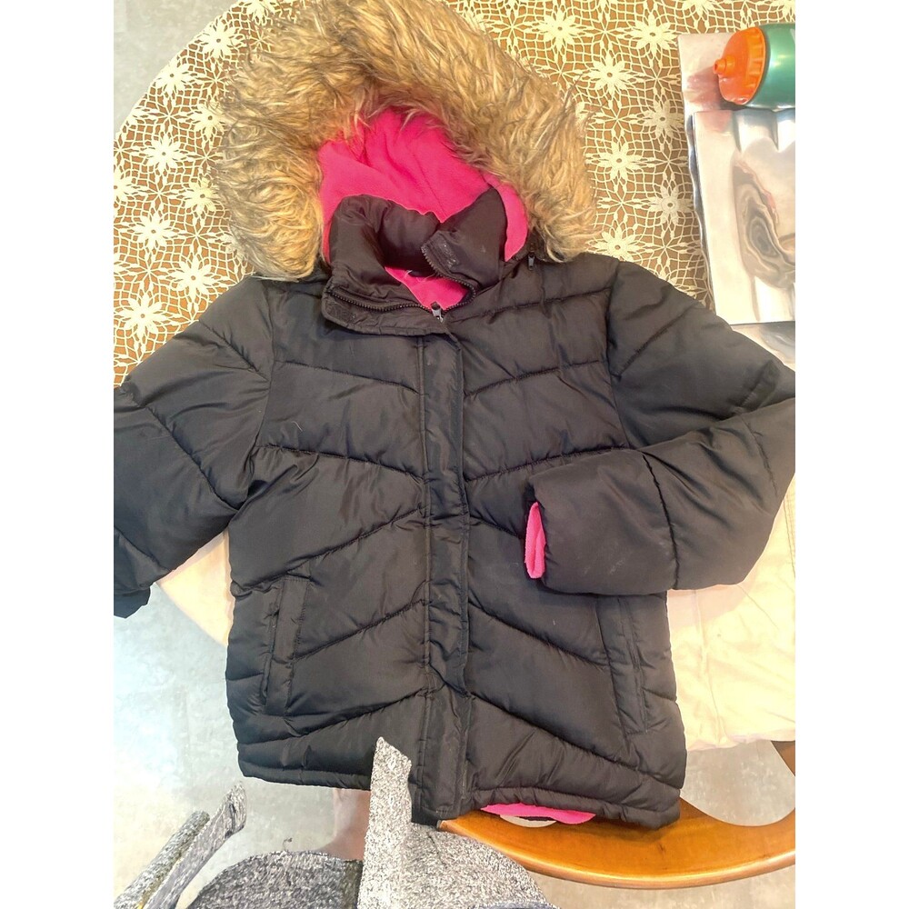 Arizona Girls Black/Hot Pink with Fur Around Hood Puffer Jacket Size XL (14-16)